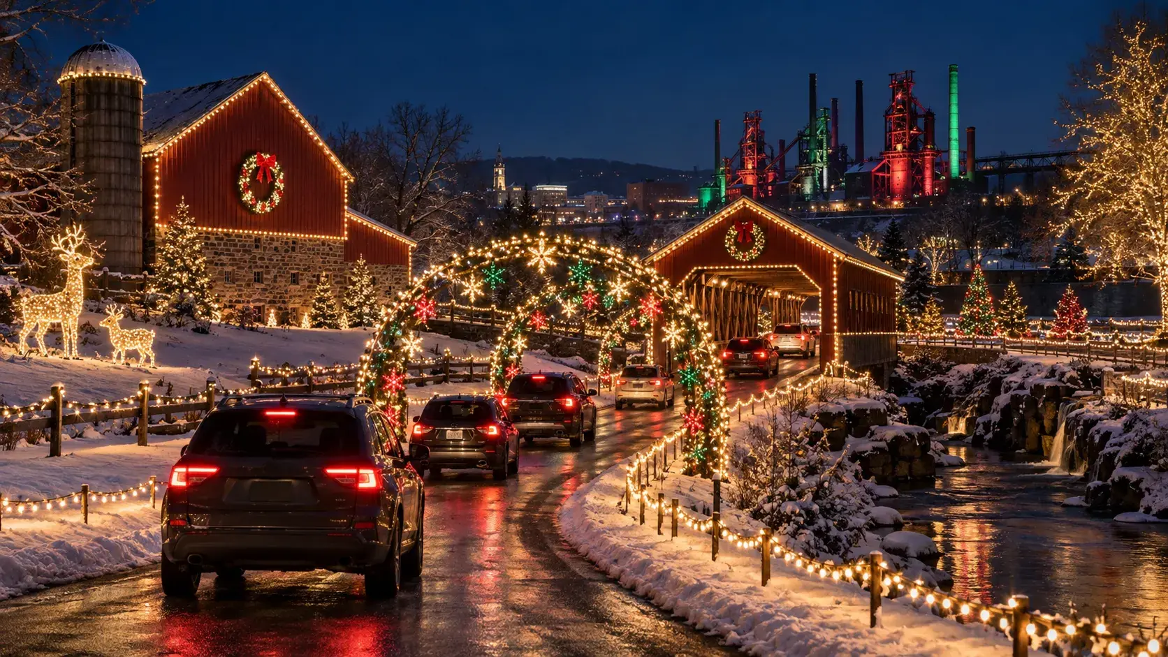 Cars following an illuminated winter lane toward a covered bridge with Pennsylvania steelworks in the distance