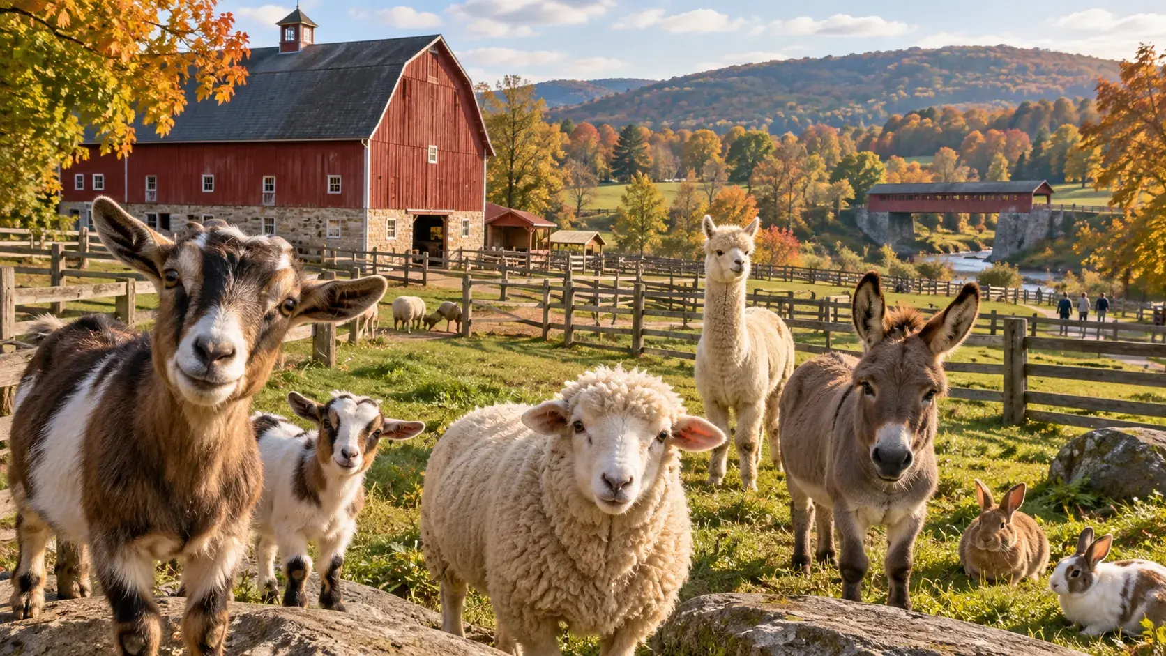 Goats, sheep, an alpaca, a donkey and rabbits at a sunny Pennsylvania farm