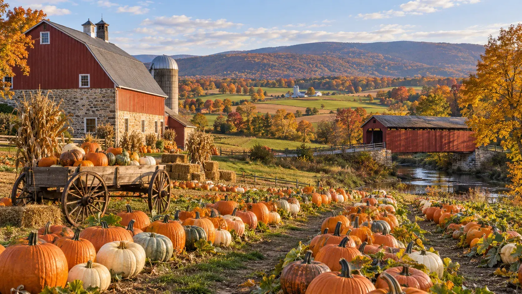 Pumpkins in a Pennsylvania farm field near a red barn and covered bridge
