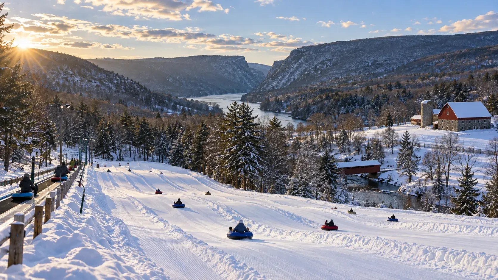 Snow tubers descending a Pennsylvania hillside above a winter river valley