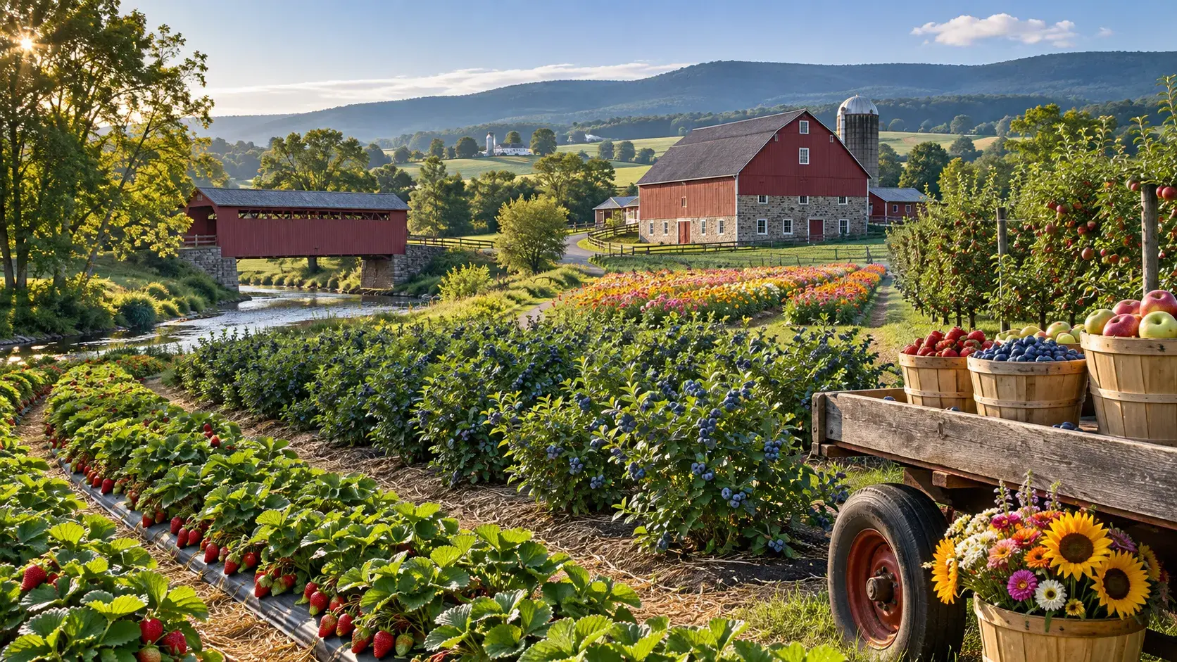 Berry rows, flower fields and apple baskets at a Pennsylvania farm with a red barn