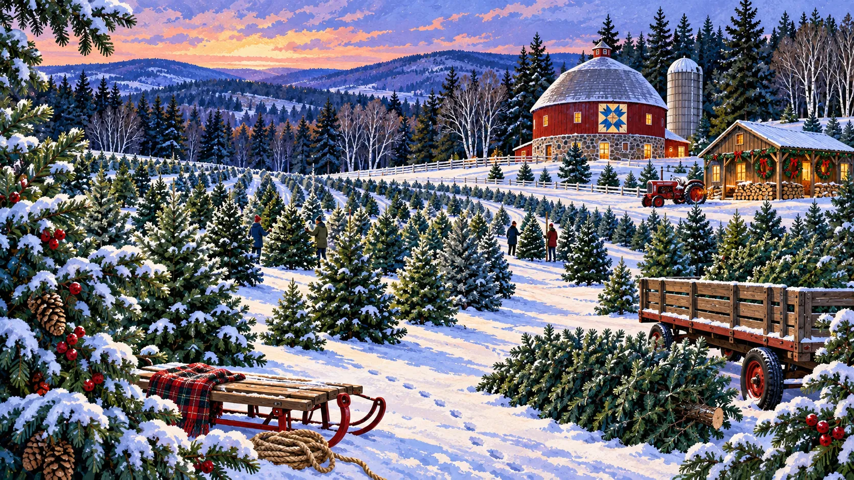 Rows of evergreen trees at a Wisconsin Christmas tree farm