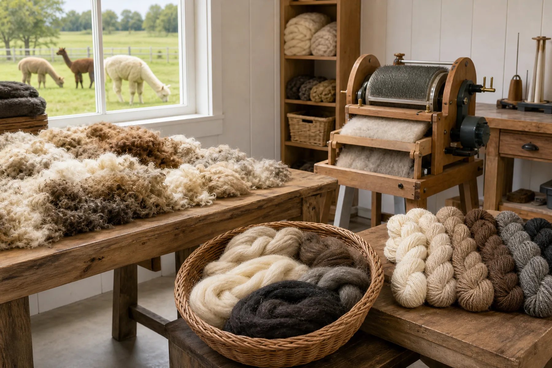 Alpaca fiber being prepared at a farm and small fiber mill