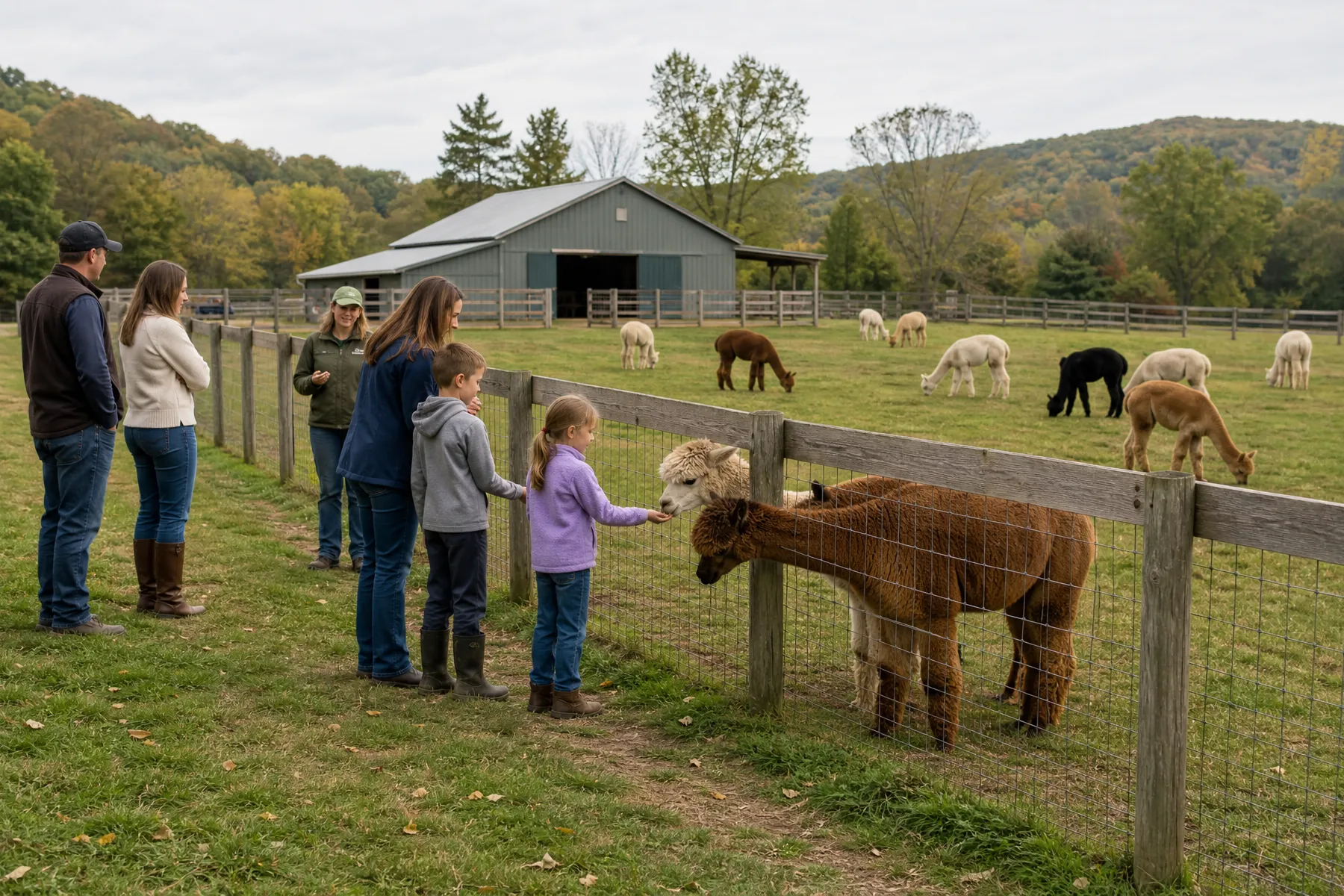 Visitors taking part in a supervised alpaca farm experience