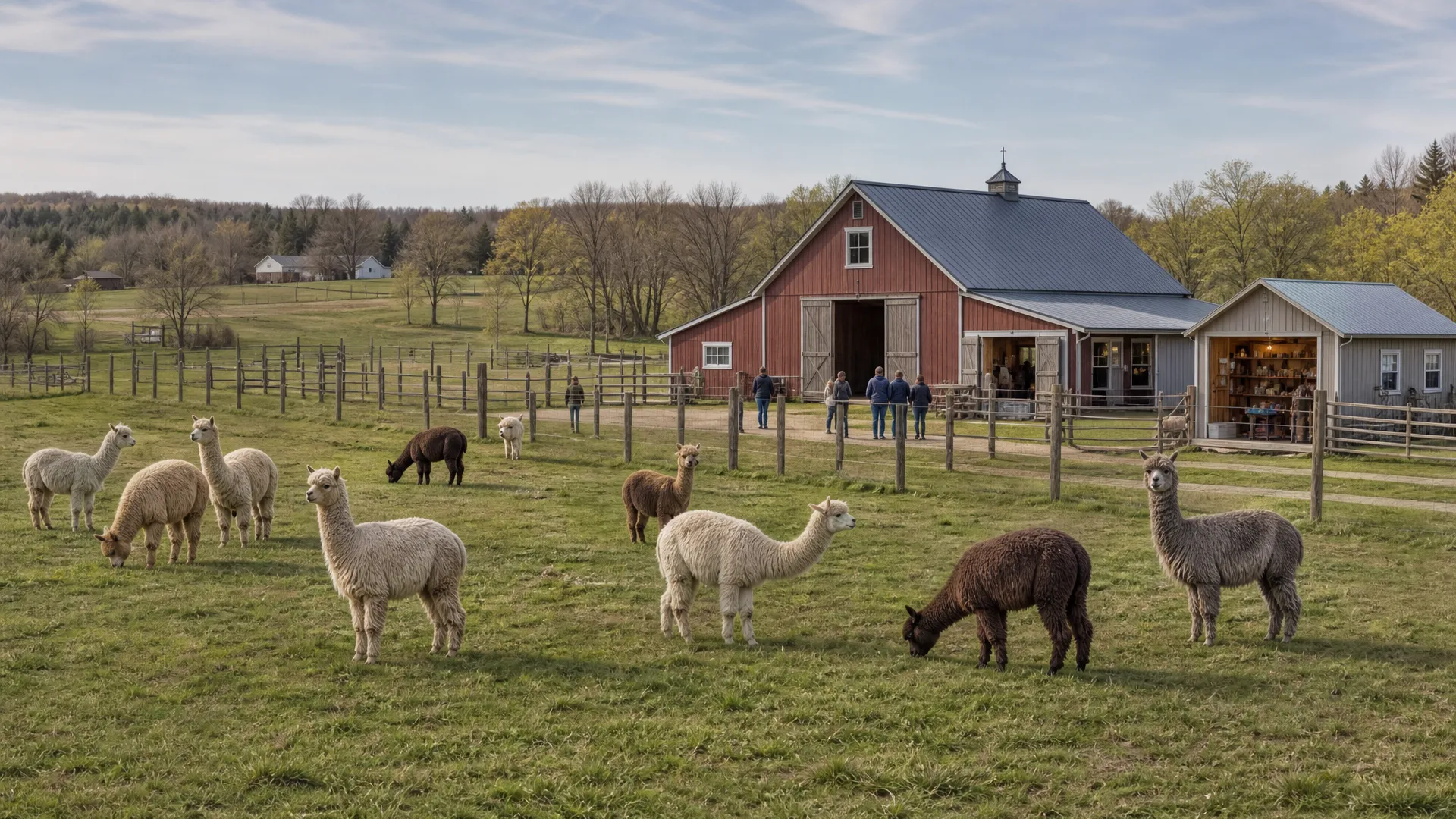 Several kinds of alpaca farm activity represented in one farm setting