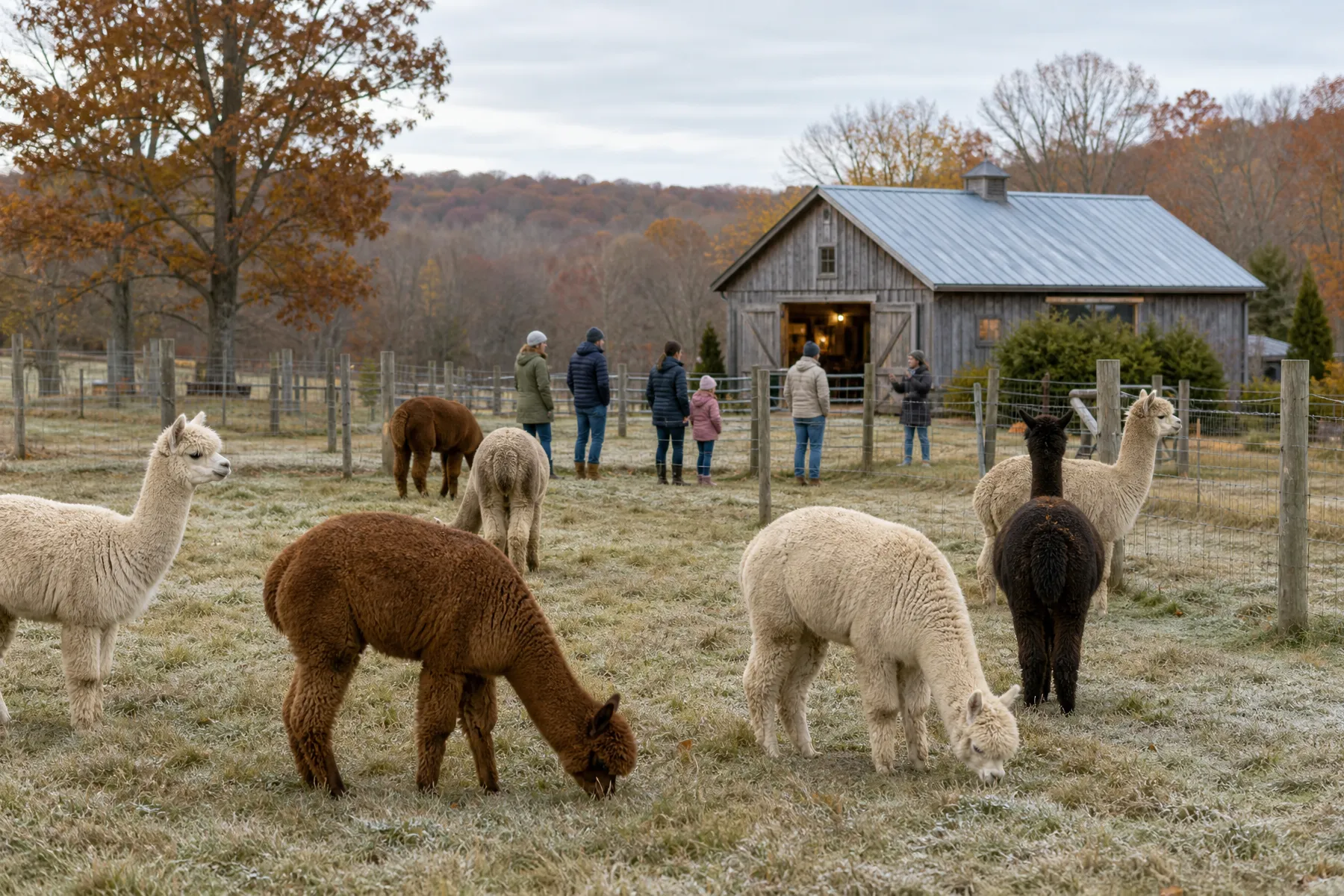 Alpacas and visitors at a farm during a cool-weather season