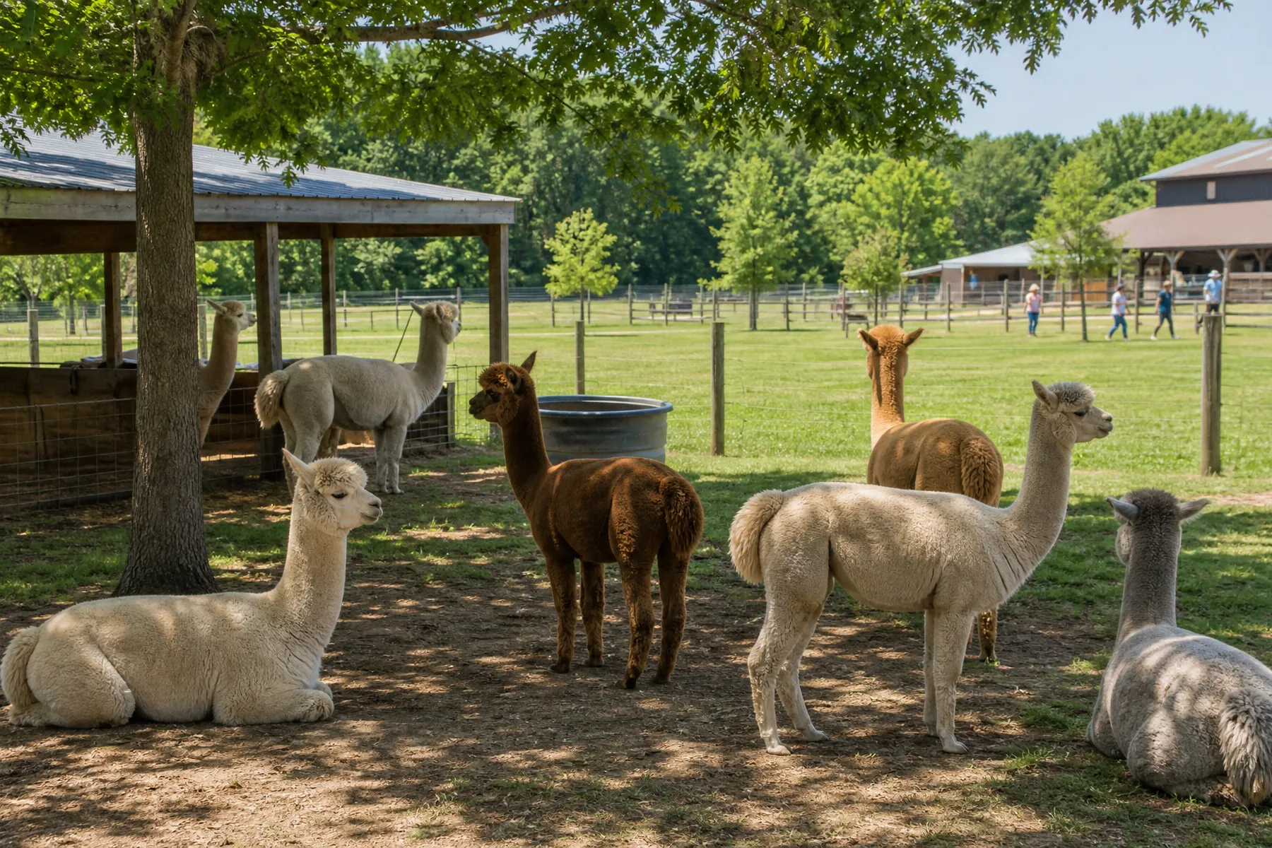 Visitors at an alpaca farm during a clear summer day