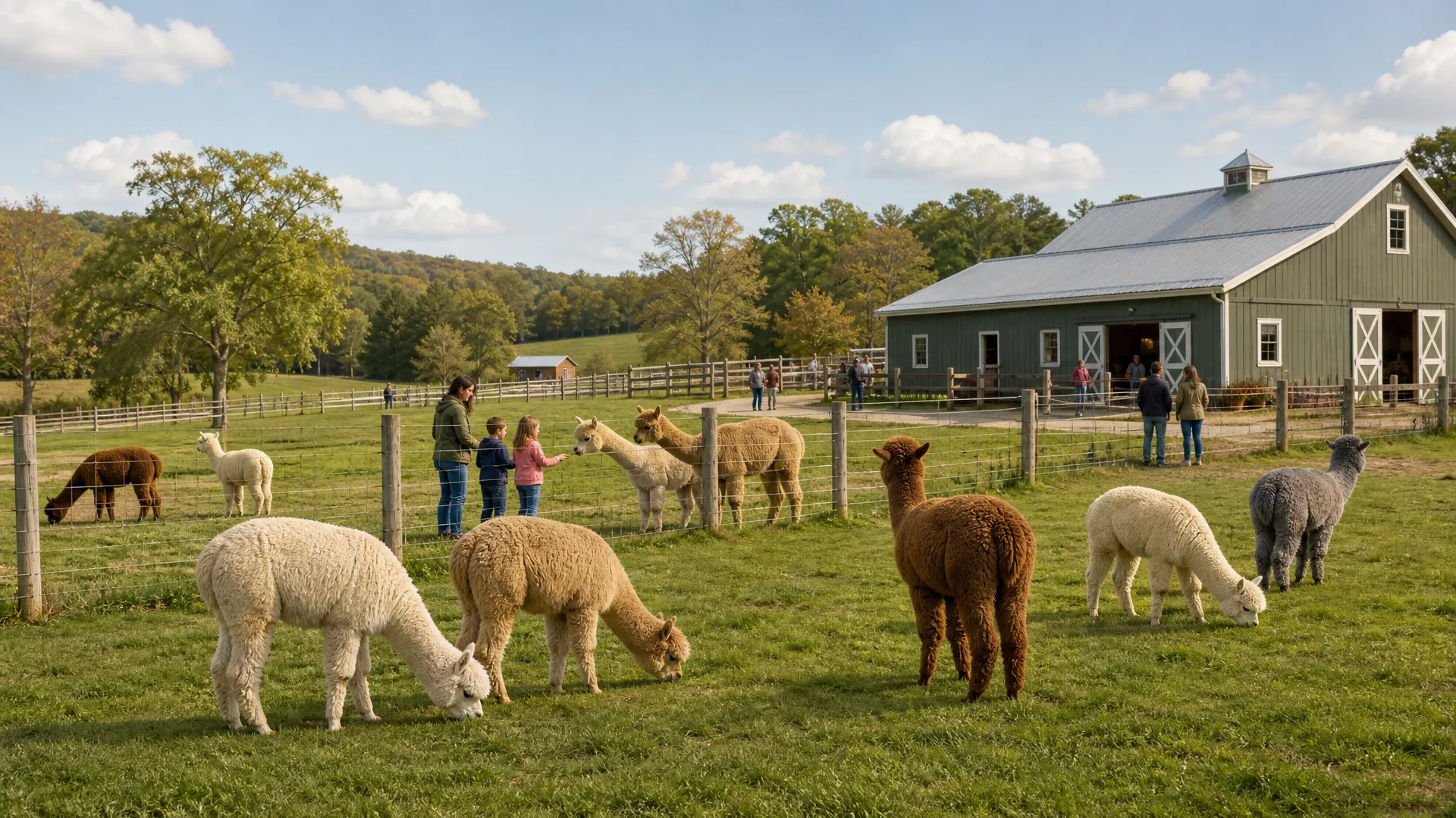 Visitors meeting alpacas during a comfortable farm season