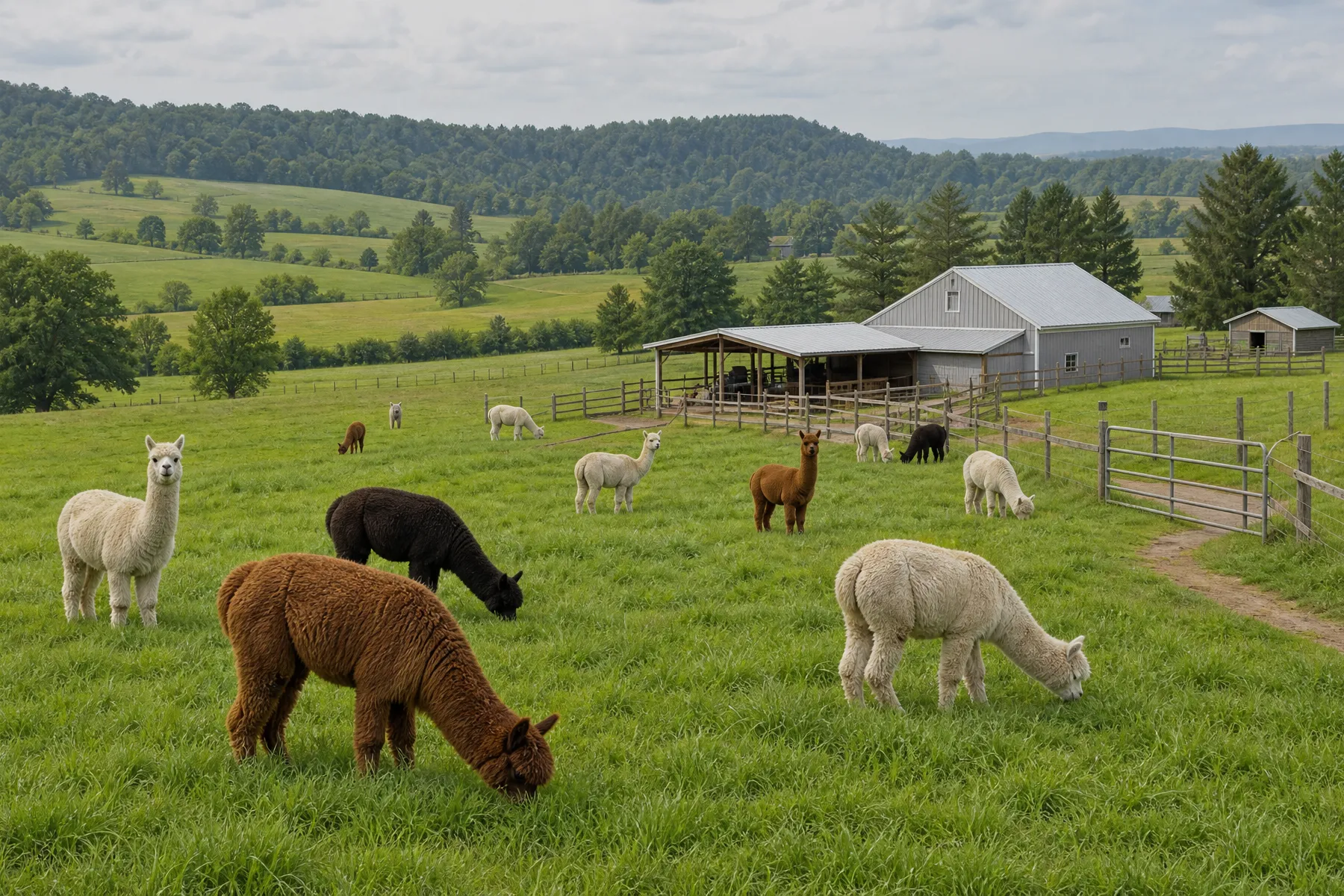 Alpacas grazing on a green managed pasture