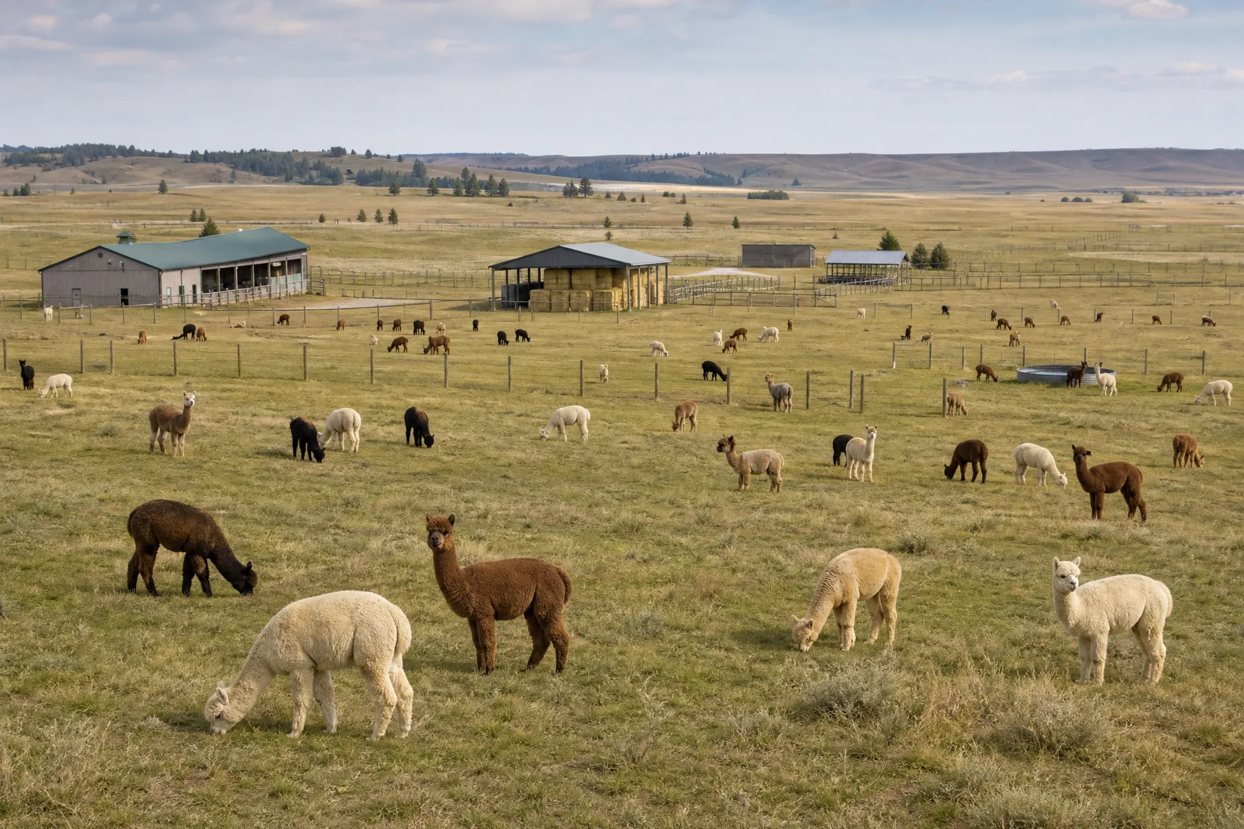 An alpaca herd on a larger open rural property