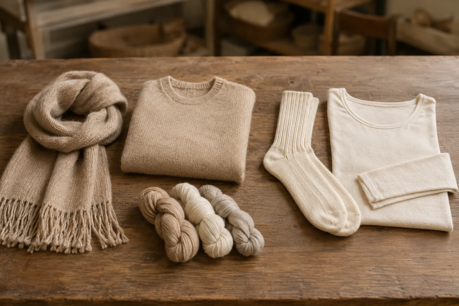 Alpaca scarf and sweater beside Merino socks, a base-layer top, and yarn skeins on a worktable