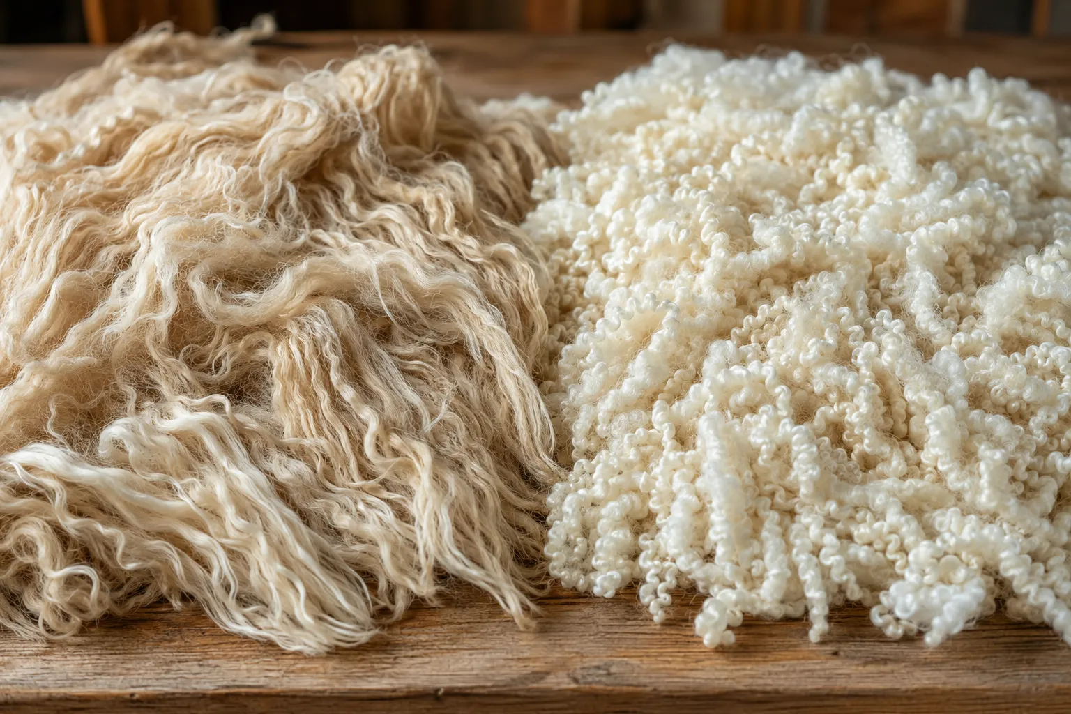 Freshly shorn alpaca fleece and Merino wool locks compared on a wooden sorting table