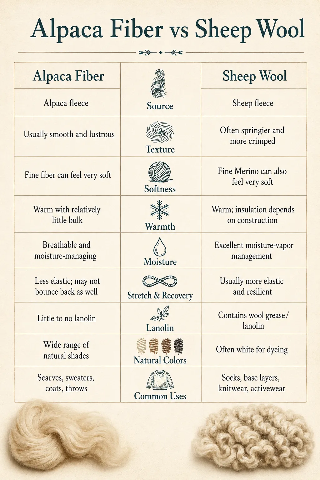 Comparison chart of alpaca fiber and sheep wool covering texture, softness, warmth, moisture, elasticity, lanolin, color, and common uses