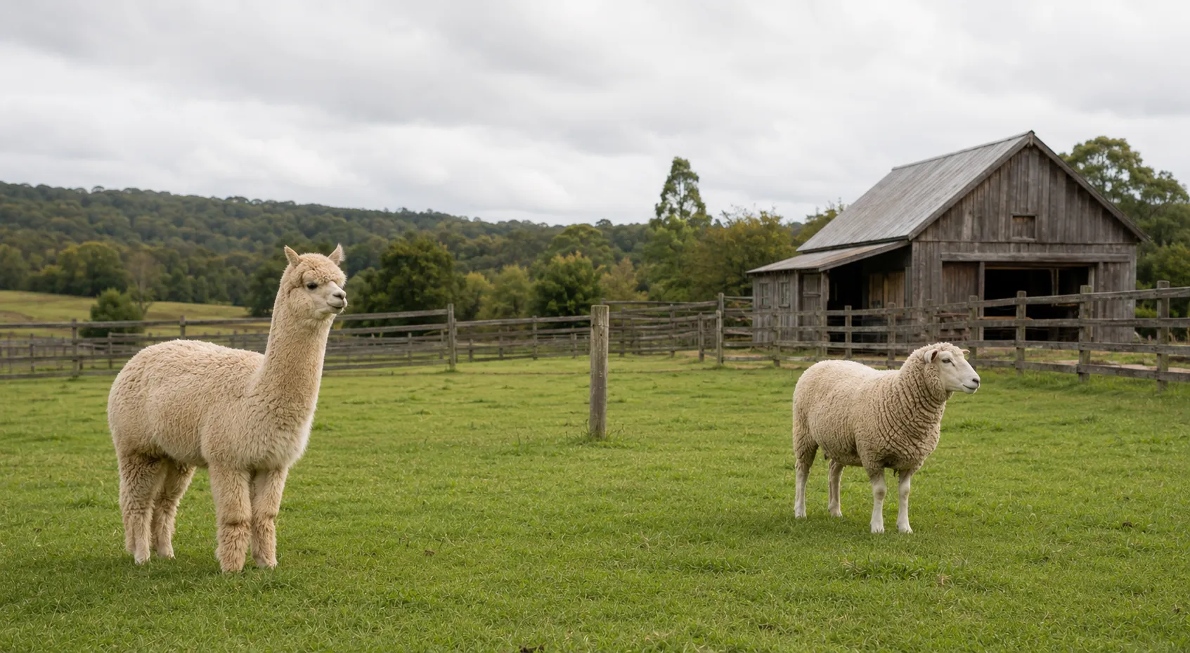 An alpaca and a fine-wool sheep standing apart in a working farm pasture