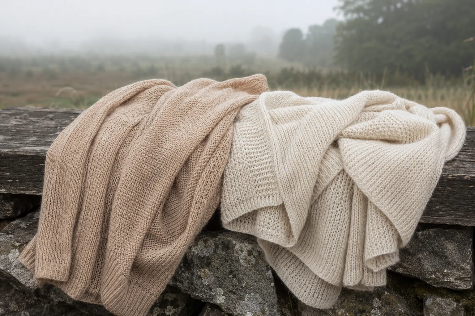 Natural-fiber knitted garments and swatches arranged outdoors in cool misty weather