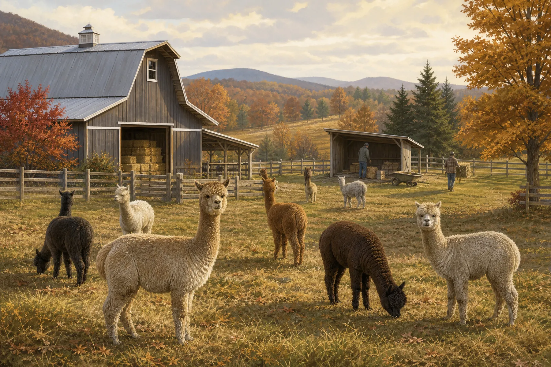 Alpacas with regrowing fleece near stored hay and a shelter being prepared during autumn