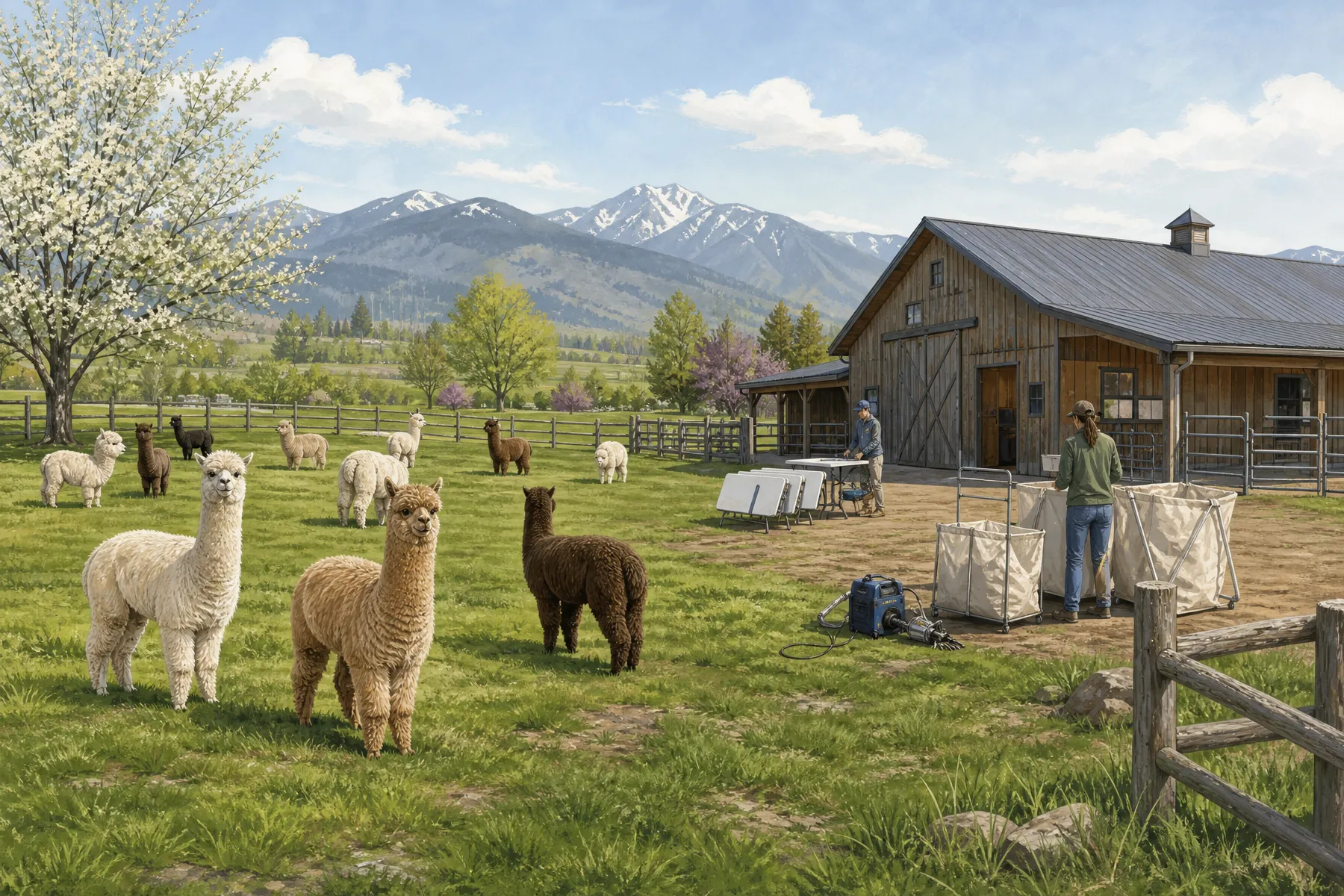 Alpacas gathered during the spring shearing season