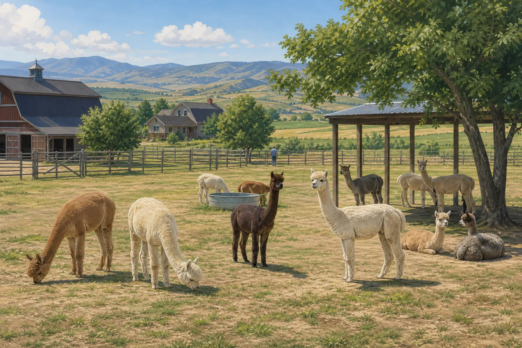 Recently shorn alpacas grazing and resting in shade during an ordinary summer farm day