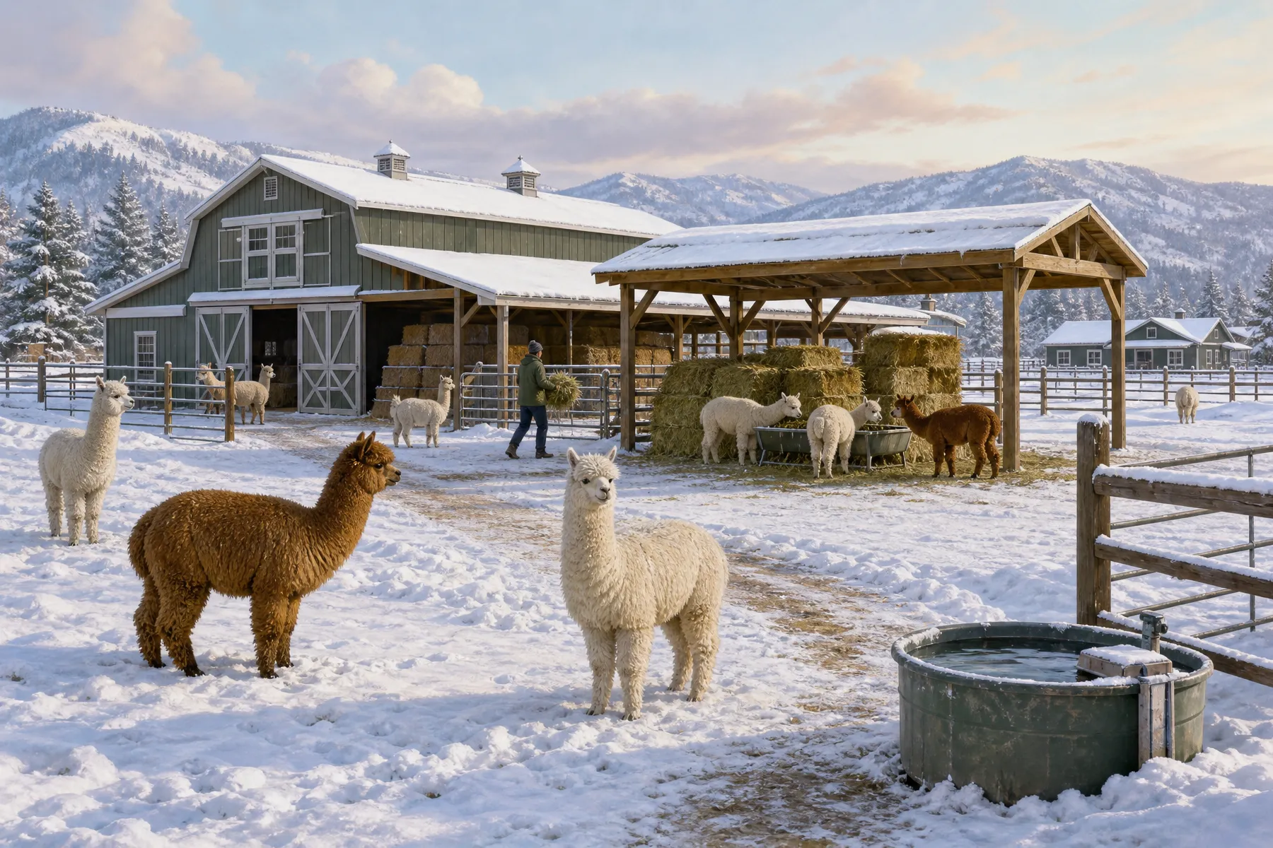 Full-fleece alpacas near a dry shelter while a farm worker arranges hay in winter