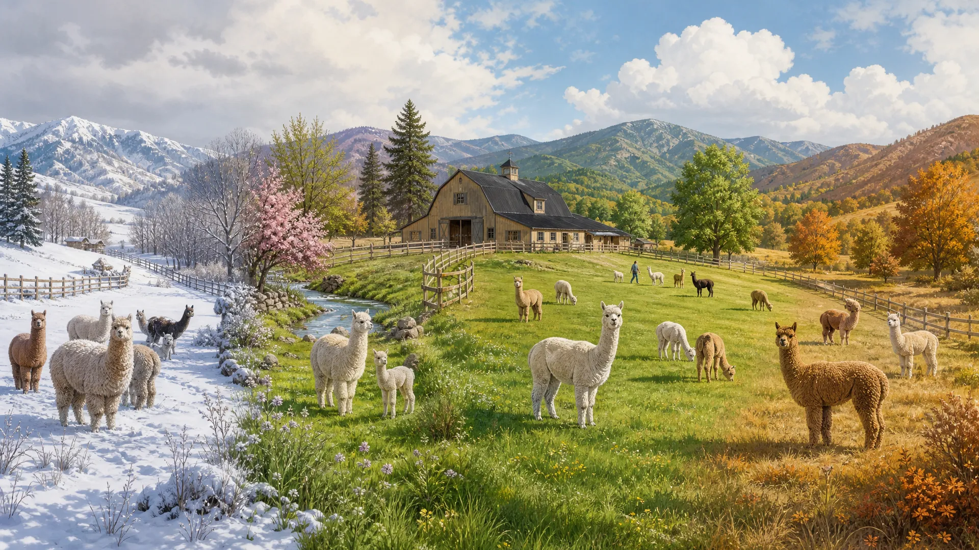 An alpaca farm landscape changing through four seasons