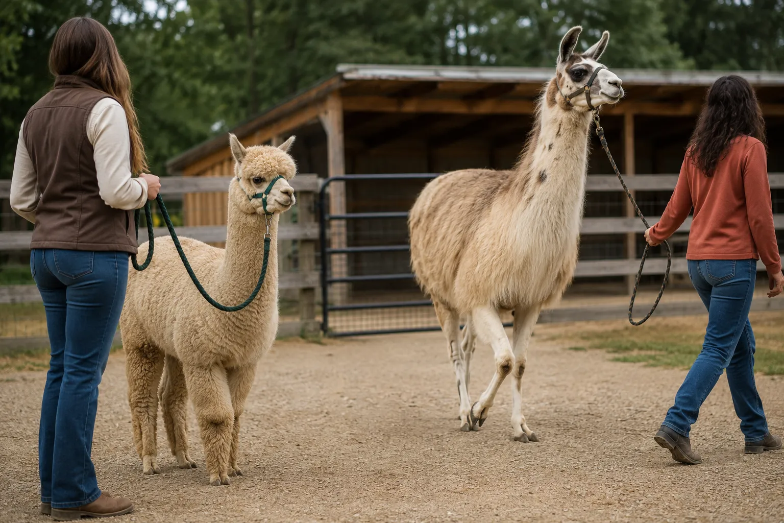Calm handlers working beside a haltered alpaca and leading a llama through a secure farm handling area