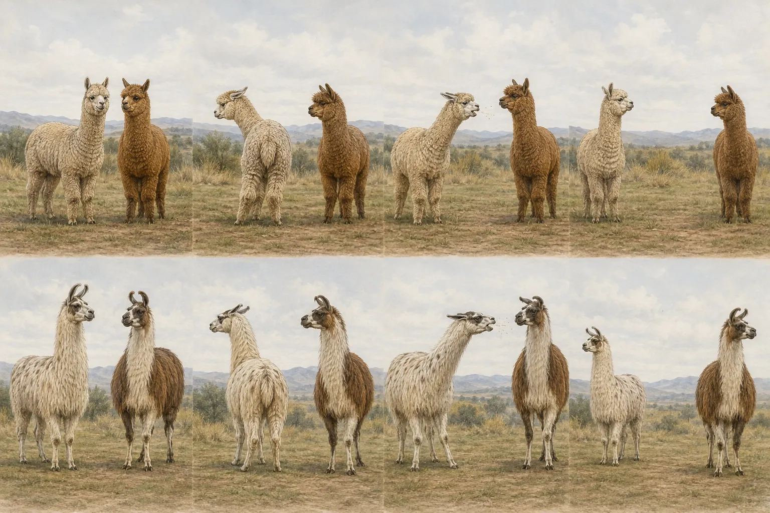 Natural-history sequence showing calm contact, boundary signals, clear warnings, and separation in alpacas and llamas