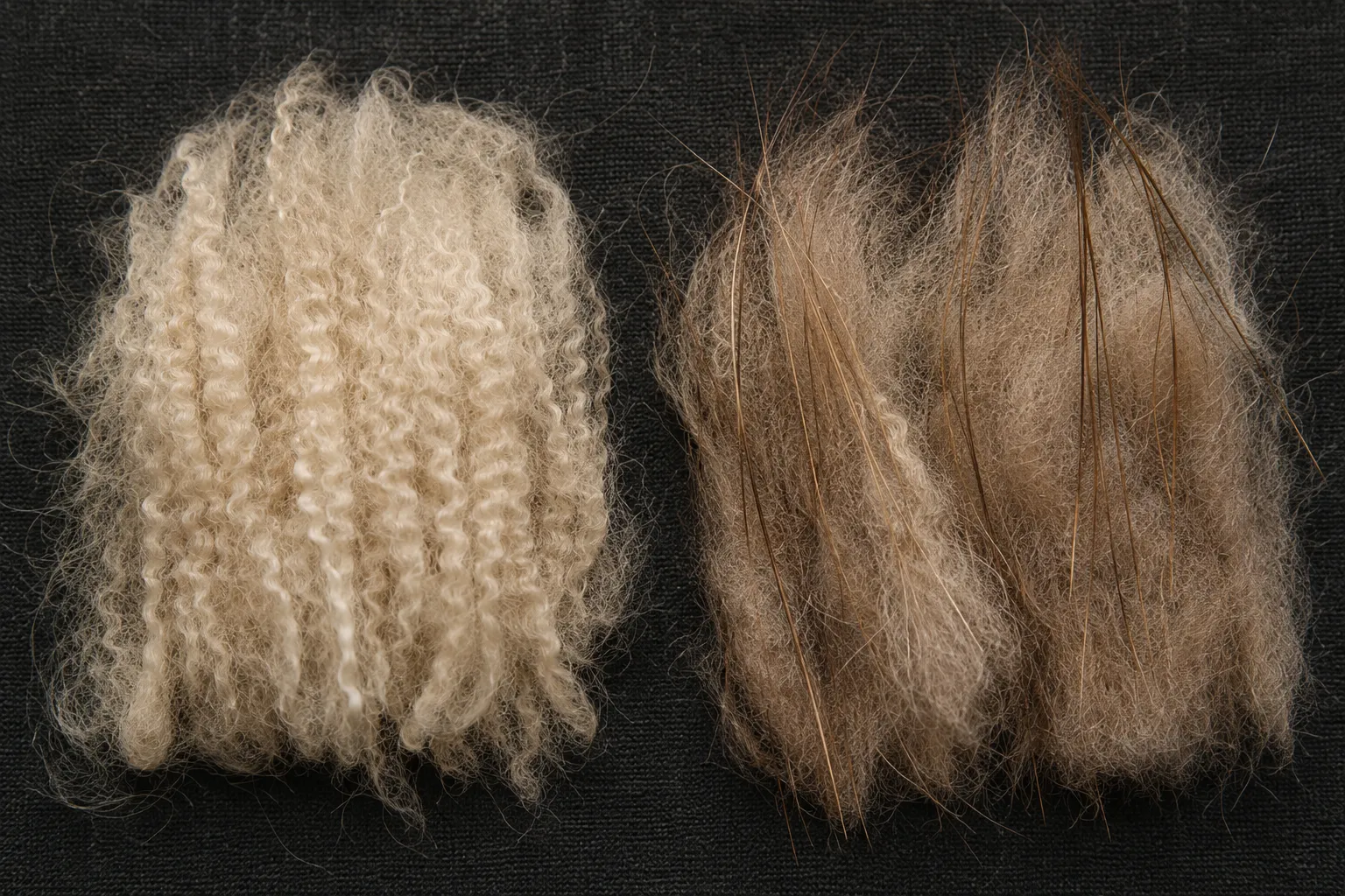 Prepared alpaca fleece beside llama undercoat and several longer guard hairs