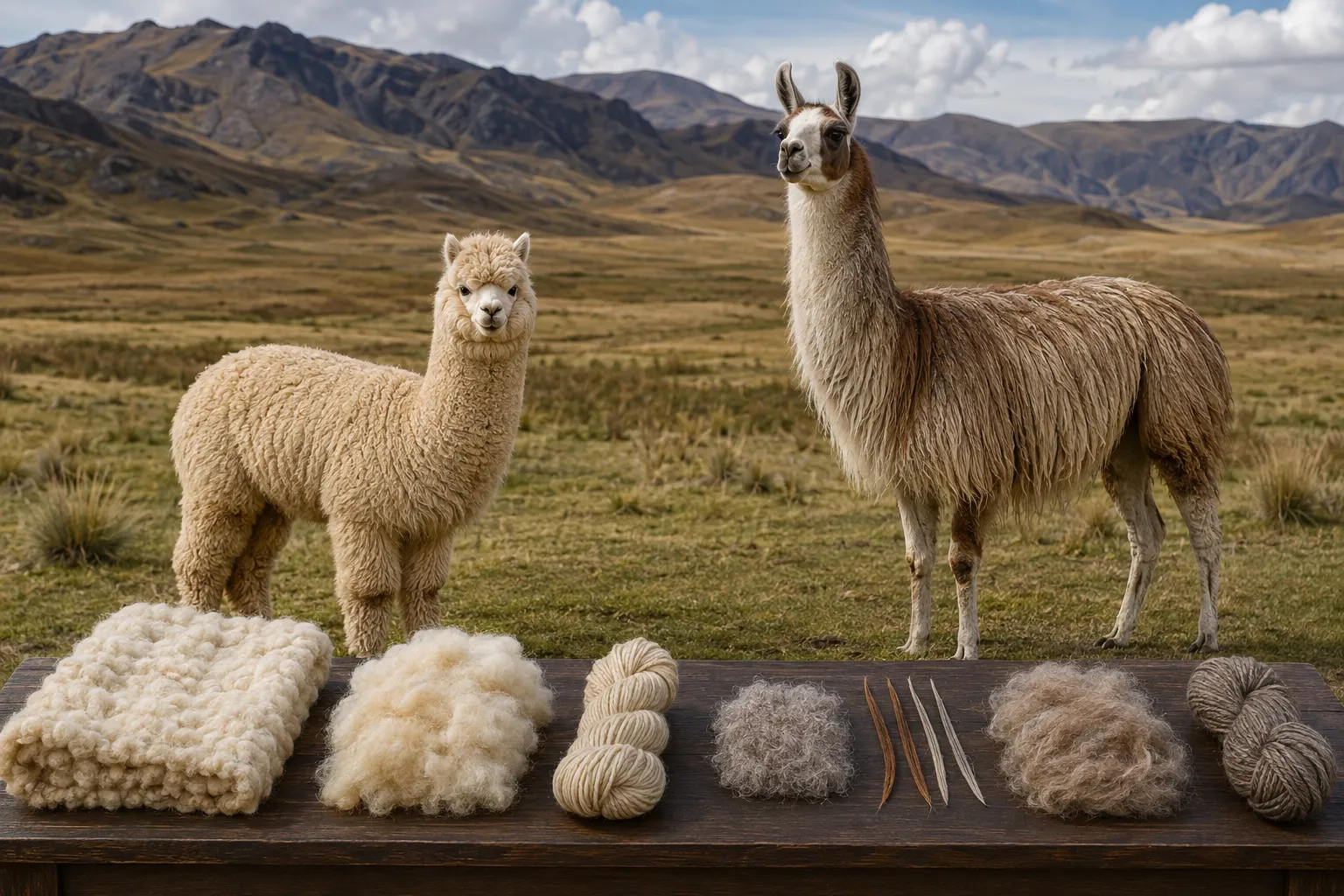 Alpaca and llama with prepared fleece and yarn samples displayed in front of them