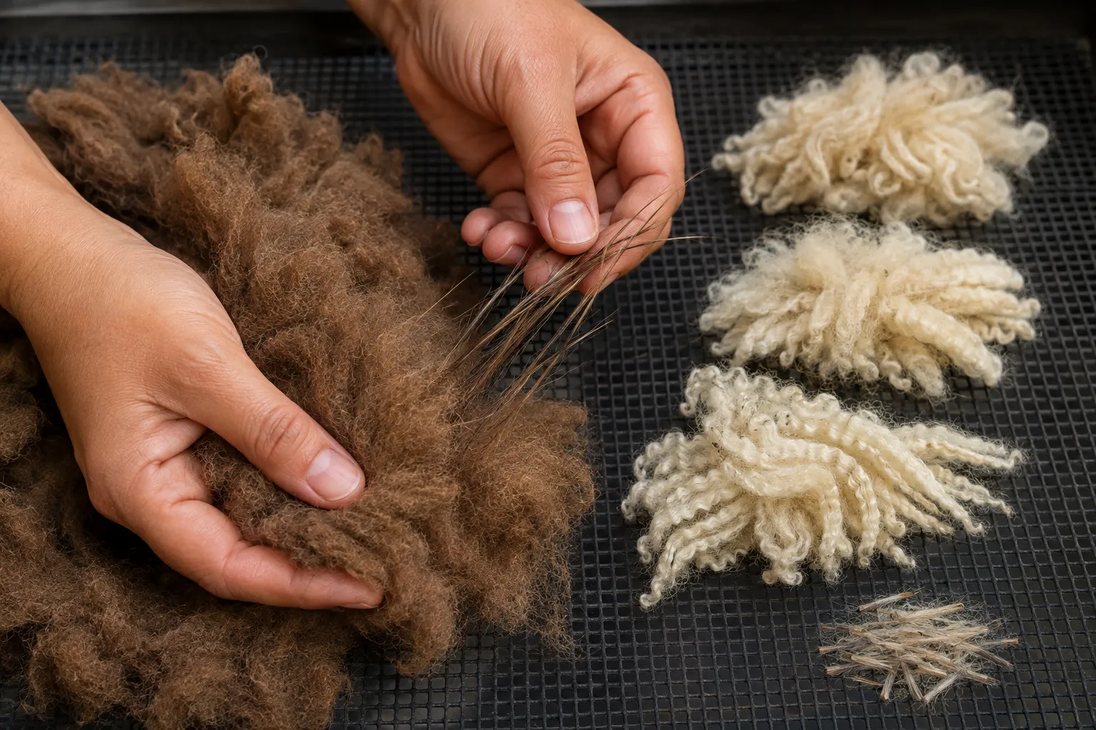 Hands separating fine llama undercoat from guard hairs beside sorted groups of alpaca fleece