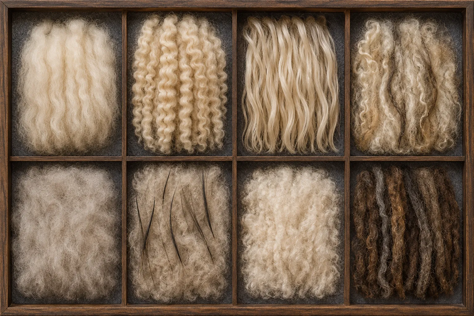 Eight prepared alpaca and llama fiber specimens showing differences in crimp, locks, uniformity, fineness, and guard hair