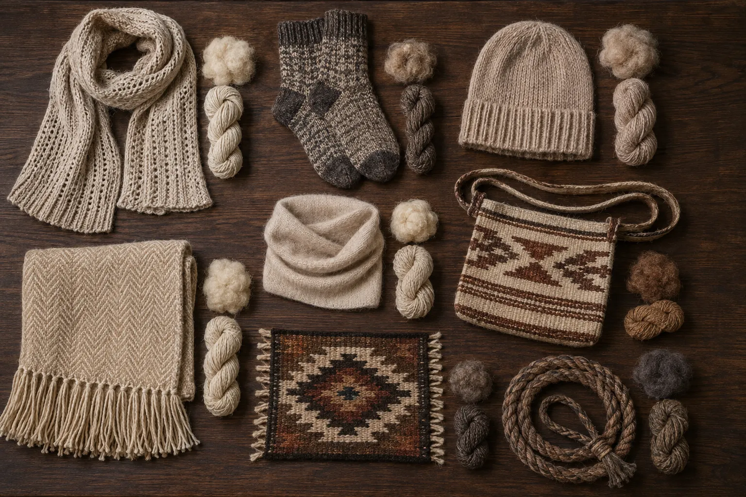 Alpaca and llama fiber samples, yarns, clothing, blankets, a woven bag, a rug, and braided rope arranged by finished use