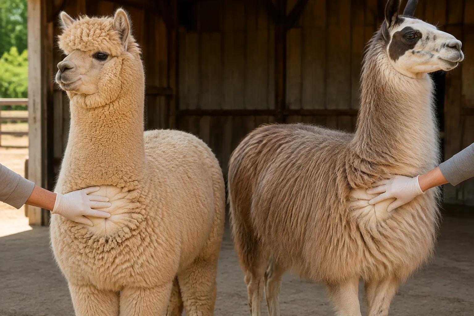 Close side-by-side view of alpaca body fleece and a more layered llama coat