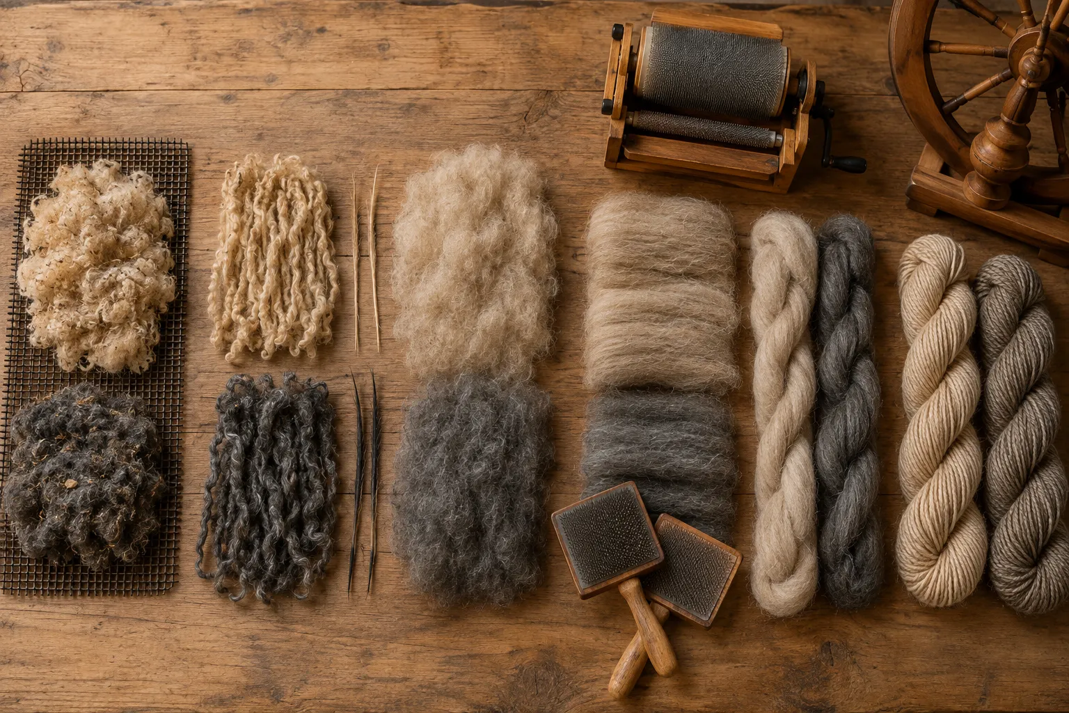 Alpaca and llama fleece progressing through fiber preparation