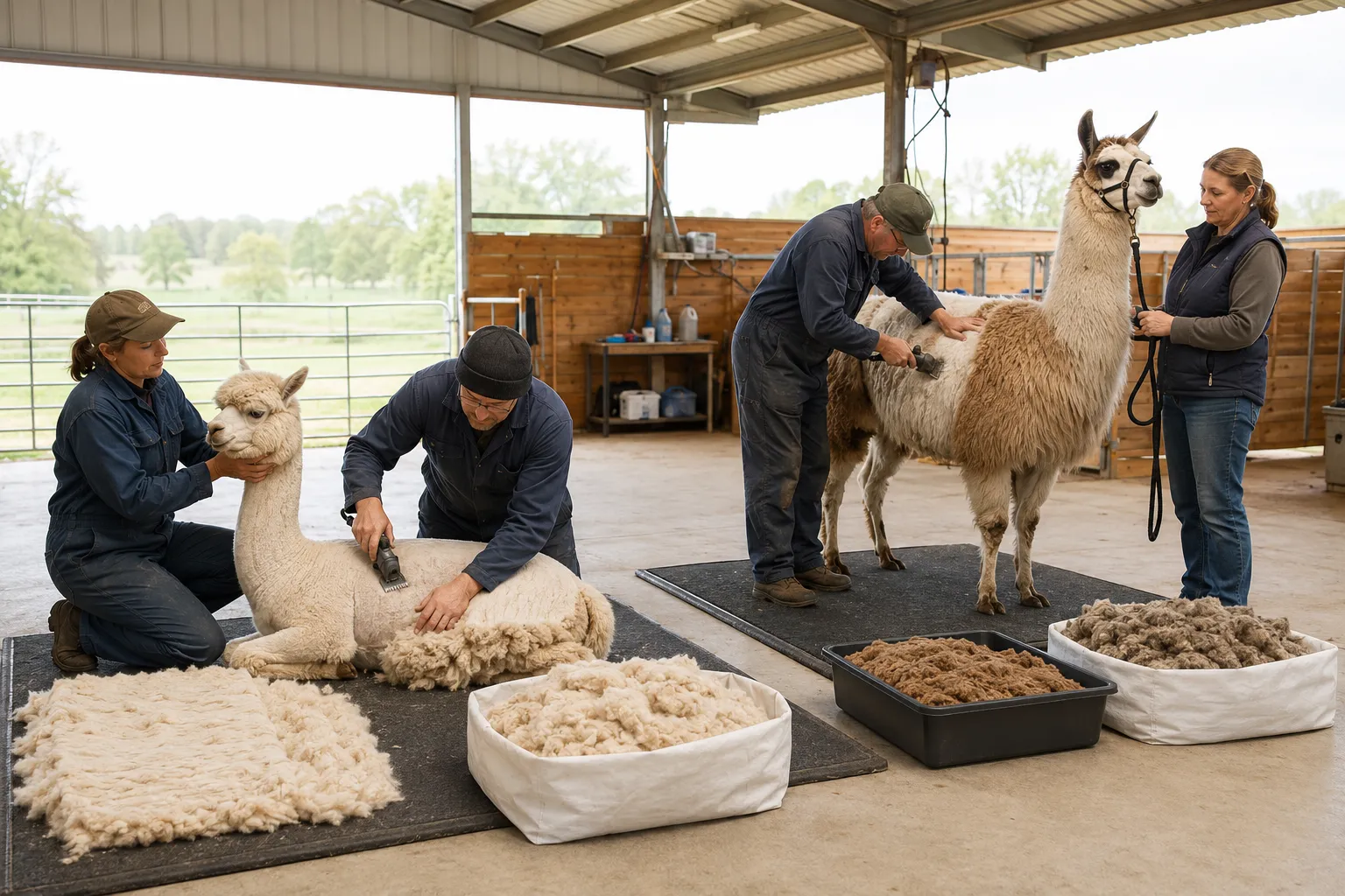 Experienced handlers carefully shearing an alpaca and a woolly llama in separate farm work areas