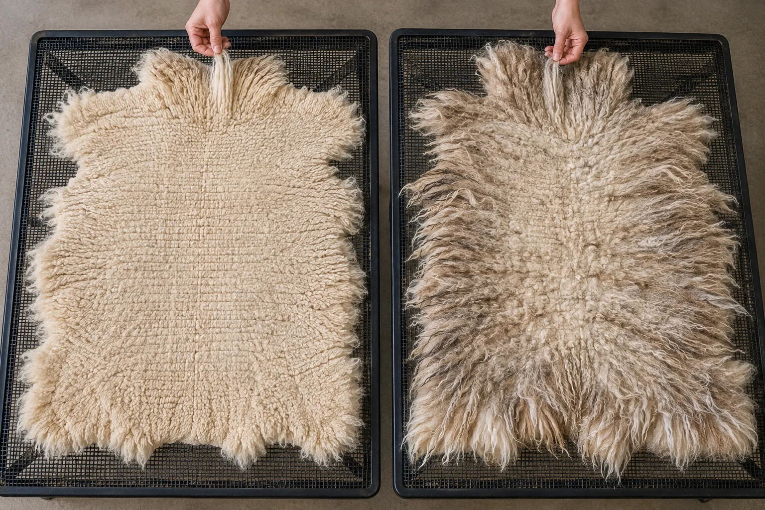 Fresh alpaca and llama body fleece spread on separate sorting tables