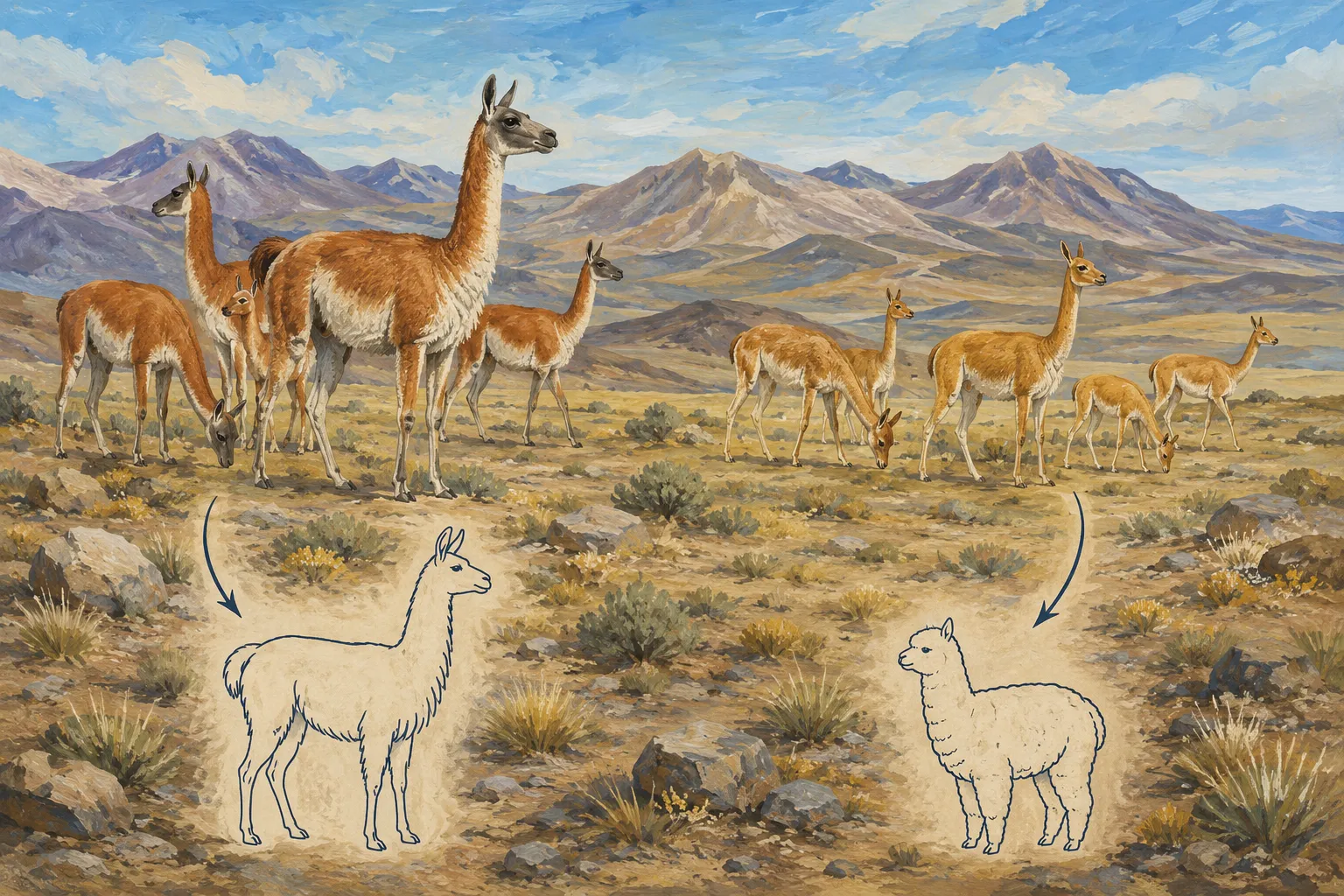 Museum-style reconstruction showing guanacos and vicuñas in an ancient Andean landscape with diagram arrows toward outline silhouettes of a llama and alpaca