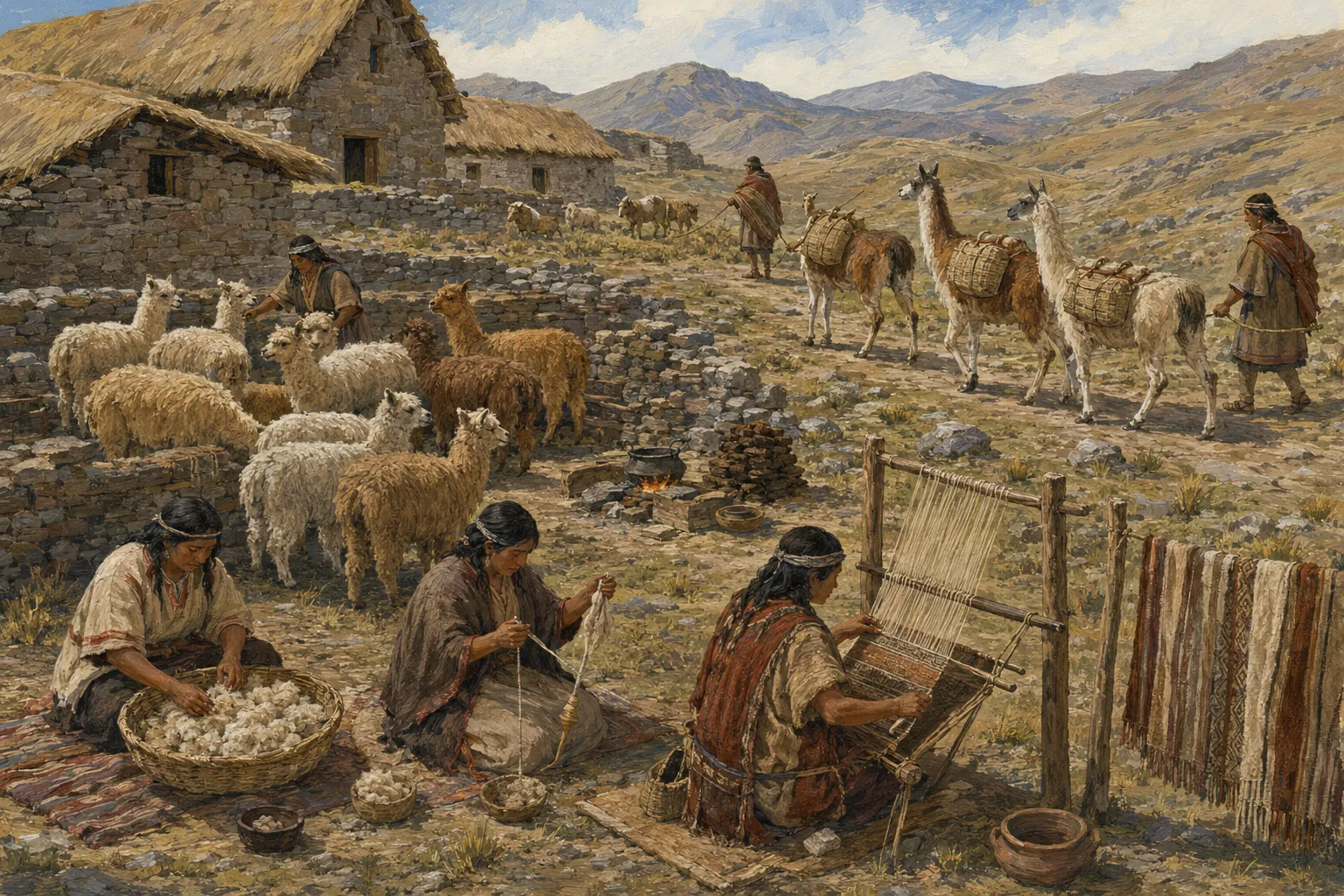 Illustrated reconstruction of a pre-Inca Andean community with alpaca herds, pack llamas, fiber work, and everyday pastoral activity