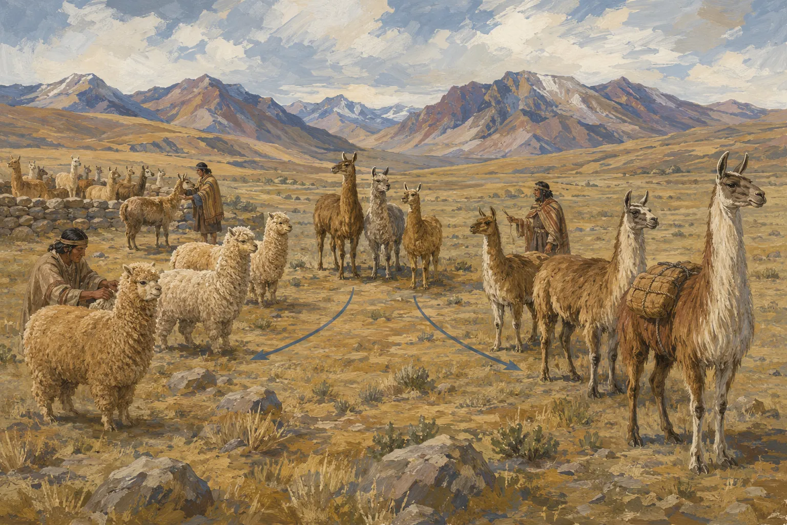Museum-style reconstruction showing managed camelids gradually developing toward smaller fleece-specialized alpaca types and larger stronger llama types