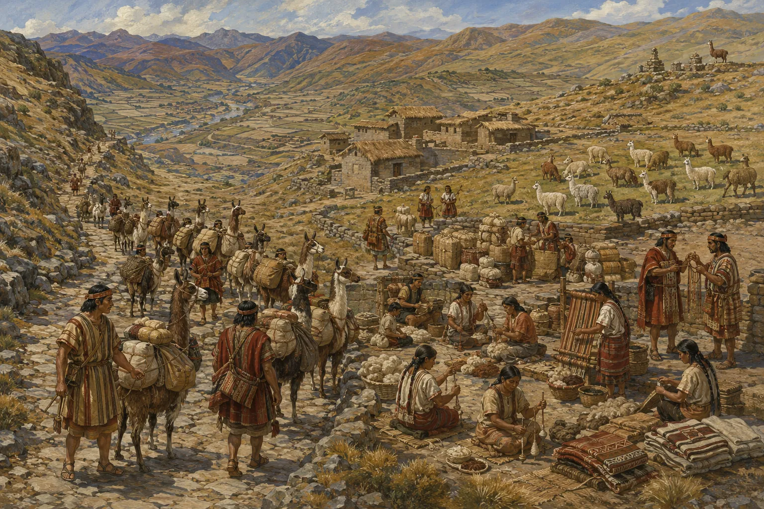 Illustrated overview of alpacas, llamas, roads, herds, textiles, and storage in the Inca Empire