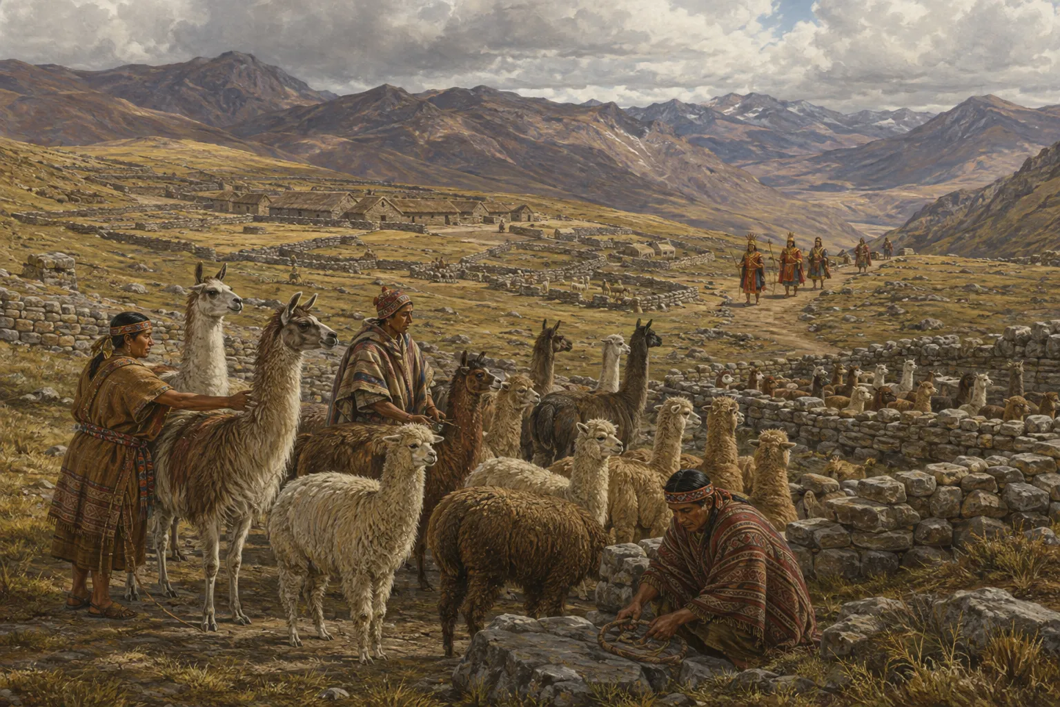Museum-style reconstruction of an established Andean camelid-herding community as Inca representatives approach along a mountain path