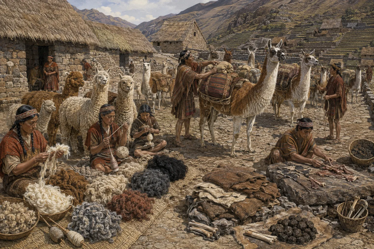 Alpaca fiber work and llama transport in an Inca setting