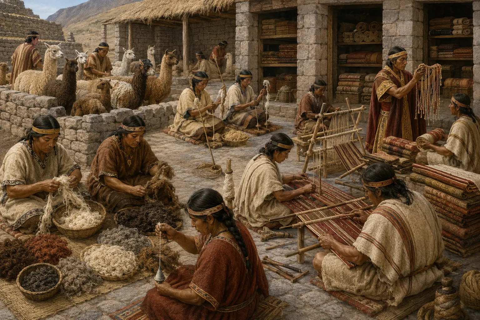 Museum-style reconstruction showing camelid fiber being sorted, spun, dyed, woven, inspected, and gathered as finished textiles in an Inca production setting