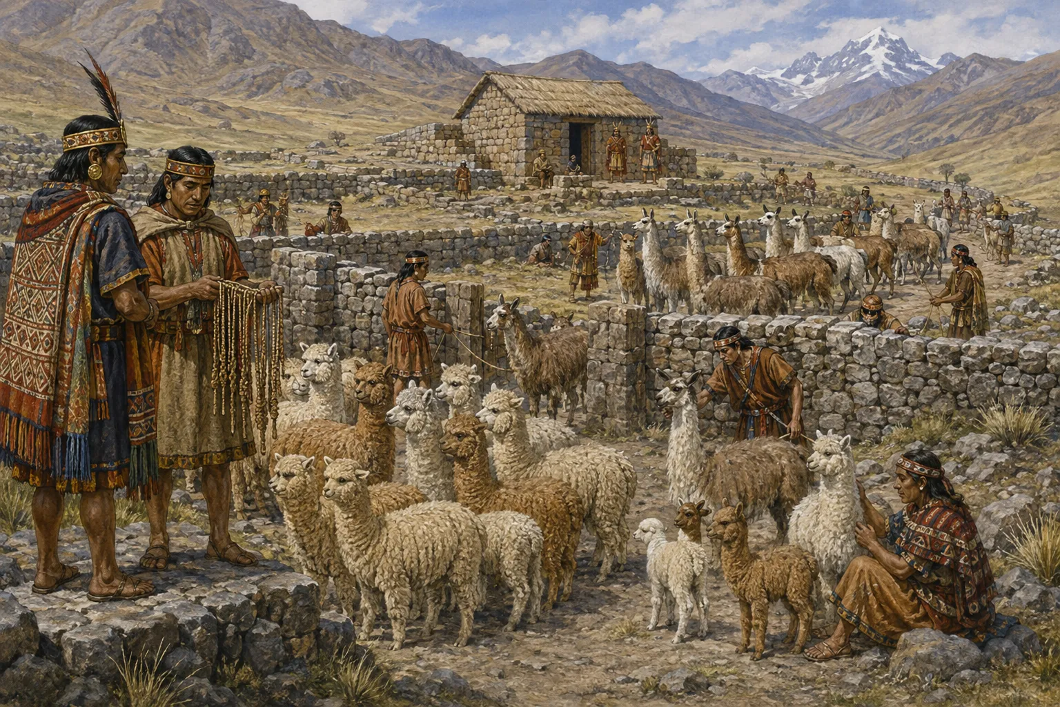 Museum-style reconstruction of Andean herders organizing alpacas and llamas near stone corrals while Inca administrators observe and consult a quipu
