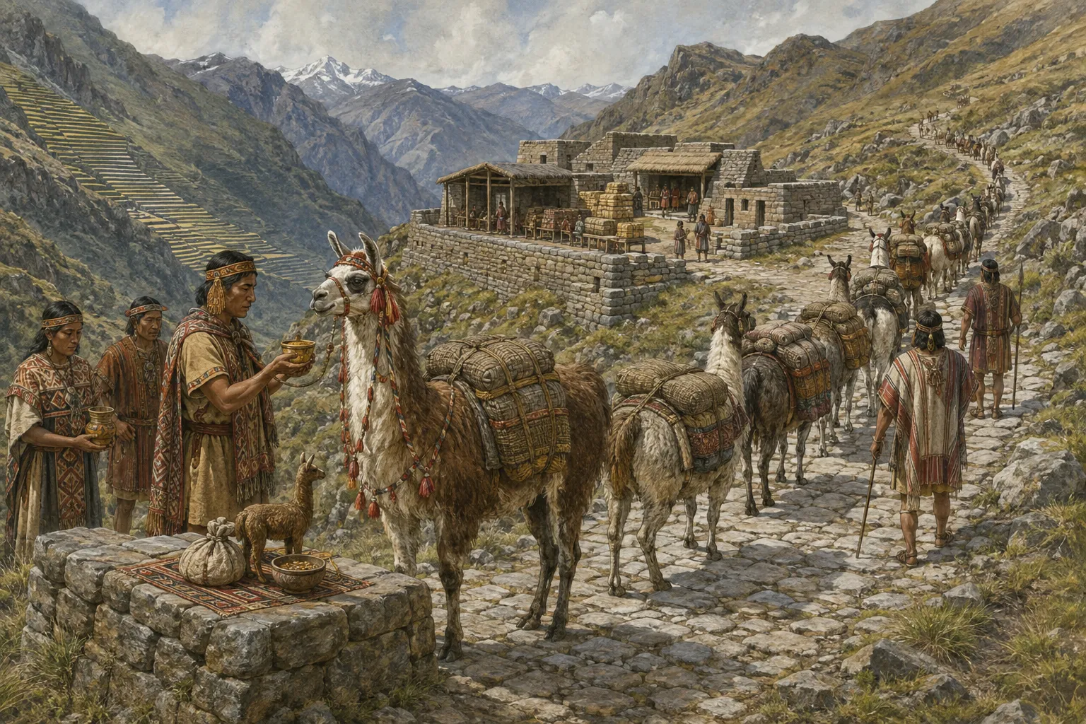 Museum-style reconstruction of a loaded llama caravan on an Inca mountain road near a way station while a selected llama receives a quiet ceremonial blessing