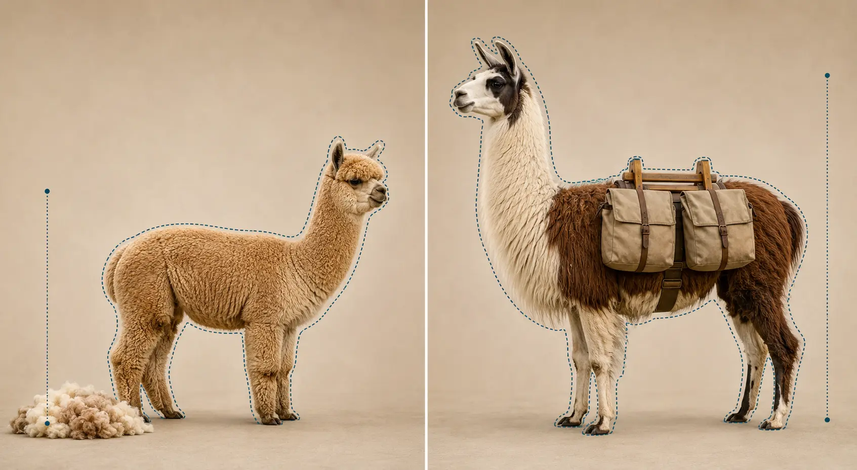 A llama carrying a pack beside an alpaca standing with balls of fleece at its feet, showing what each animal is bred for