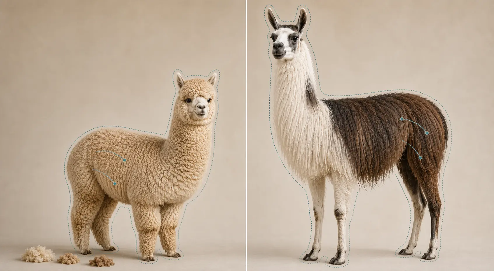 A shorter, fluffier alpaca standing beside a taller, coarser-coated llama for scale