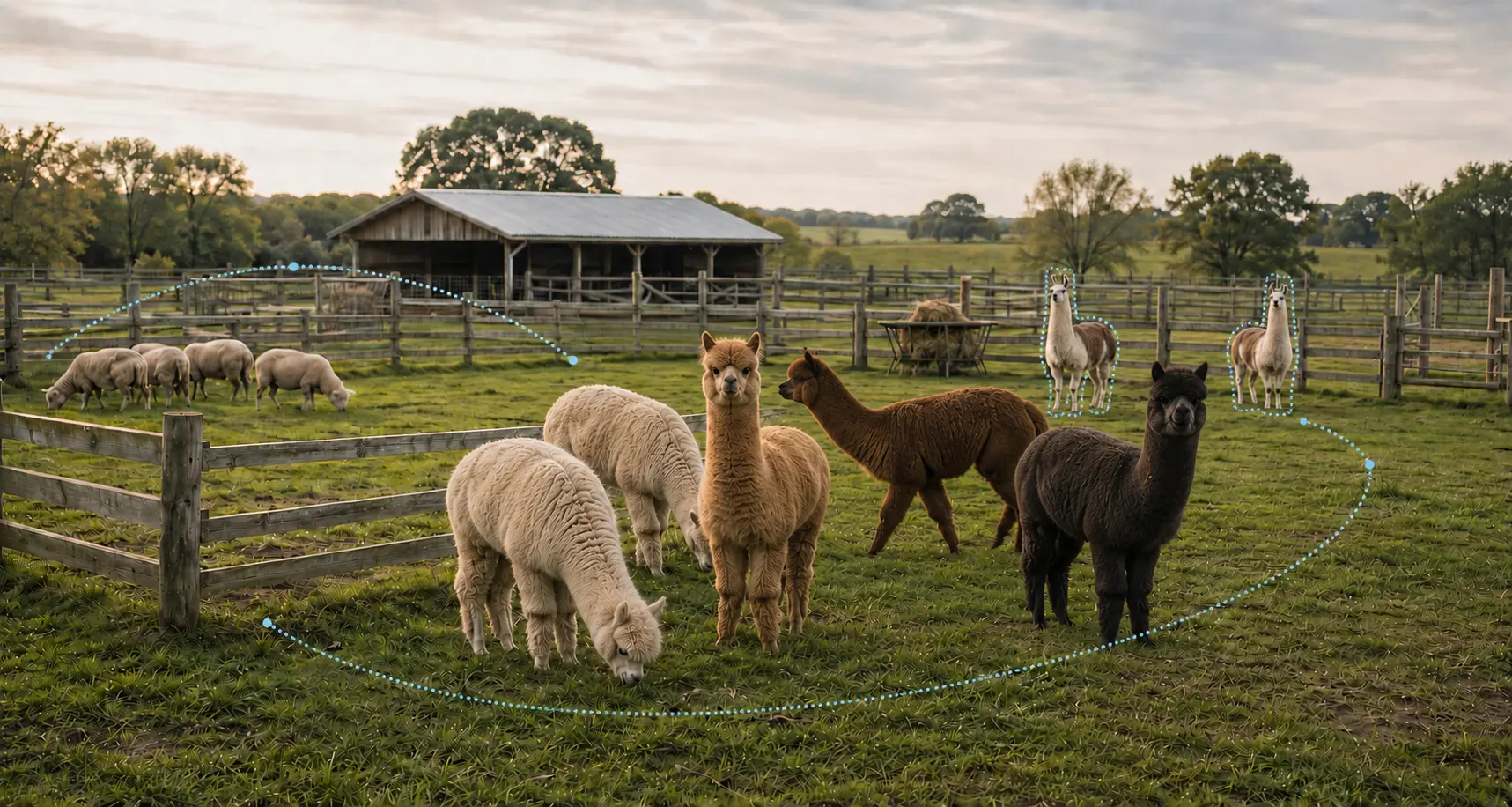 A panoramic pasture with penned sheep and alpacas while two llamas stand watch for predators