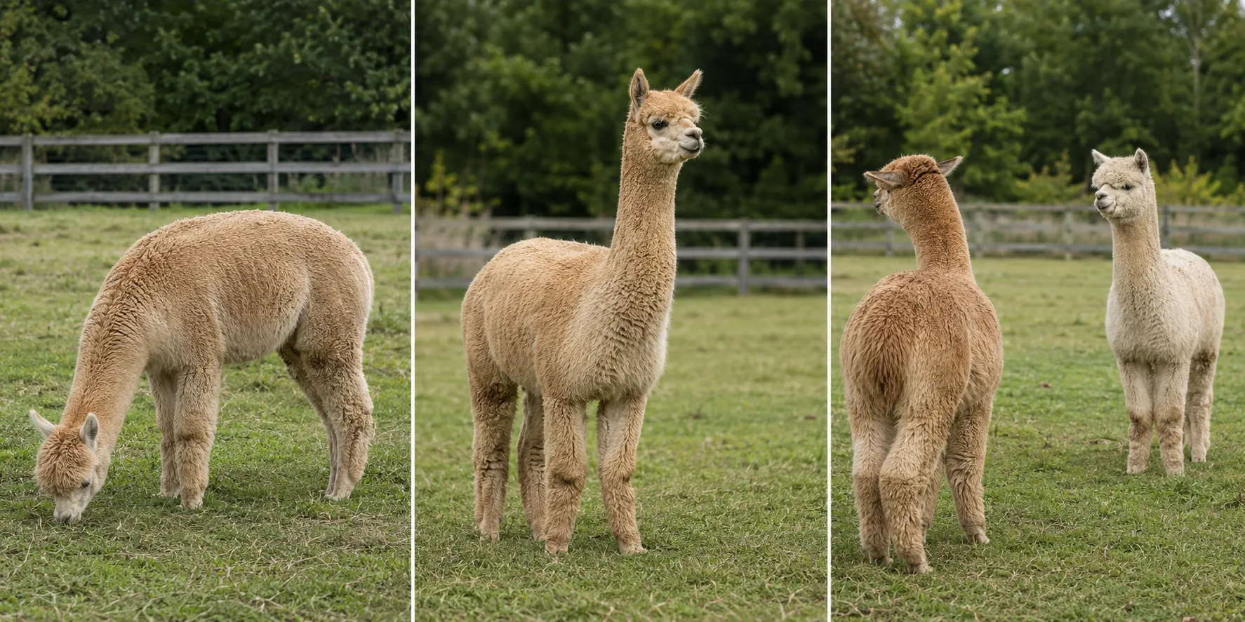 Three-part comparison of relaxed, alert, and personal-space body language in alpacas