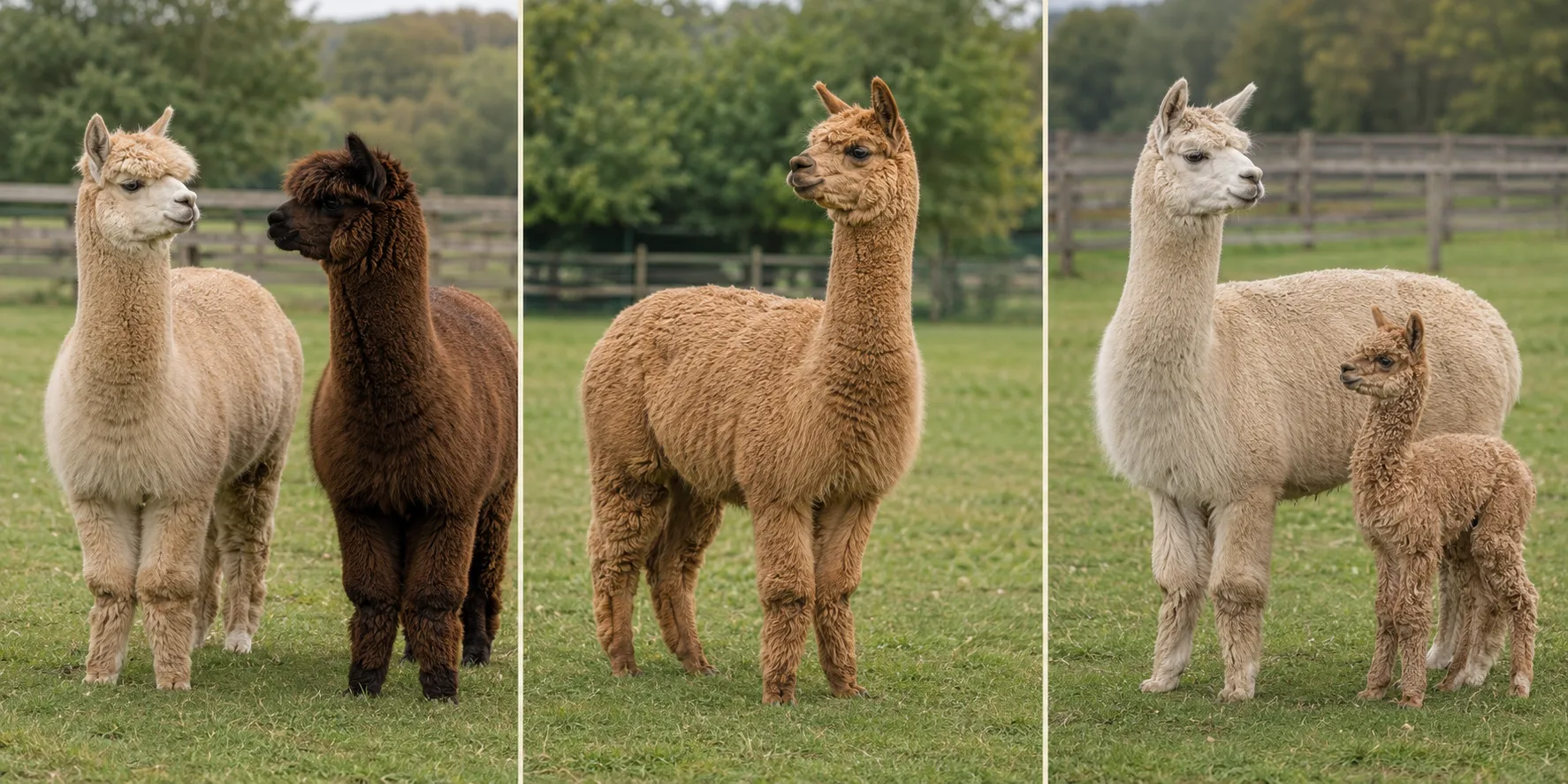 Three scenes showing alpacas standing quietly together, one alert alpaca looking away, and a mother alpaca with her cria
