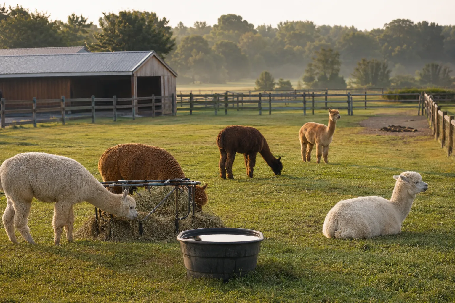Alpacas grazing near hay and resting in a morning farm scene with a barn and designated dung pile area